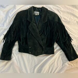 Yearbook Vintage Deep Green Suede Fringe Bomber Jacket